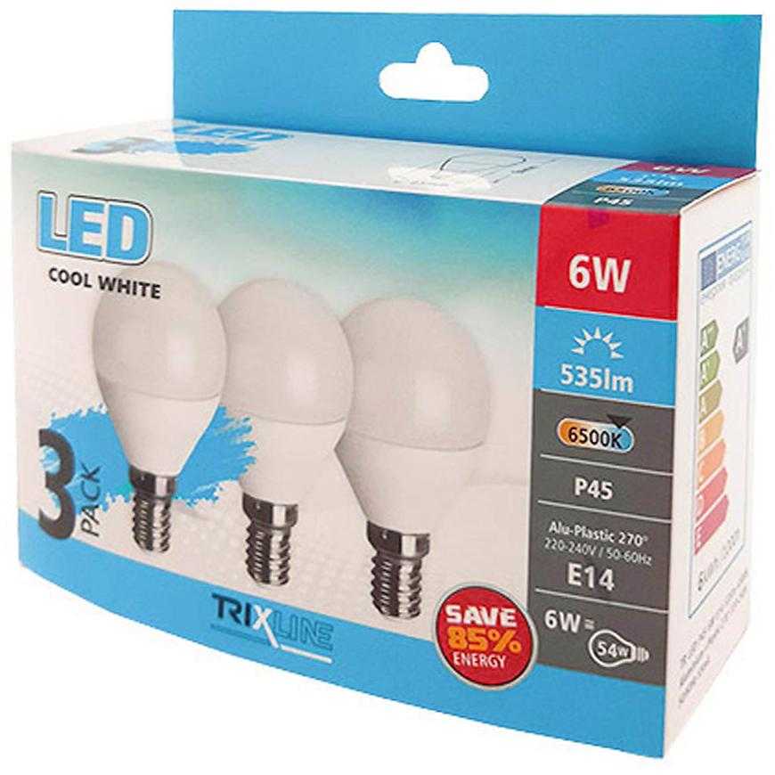LED Žárovky 6W E14 P45 6500K sada 3 kusy Trixline